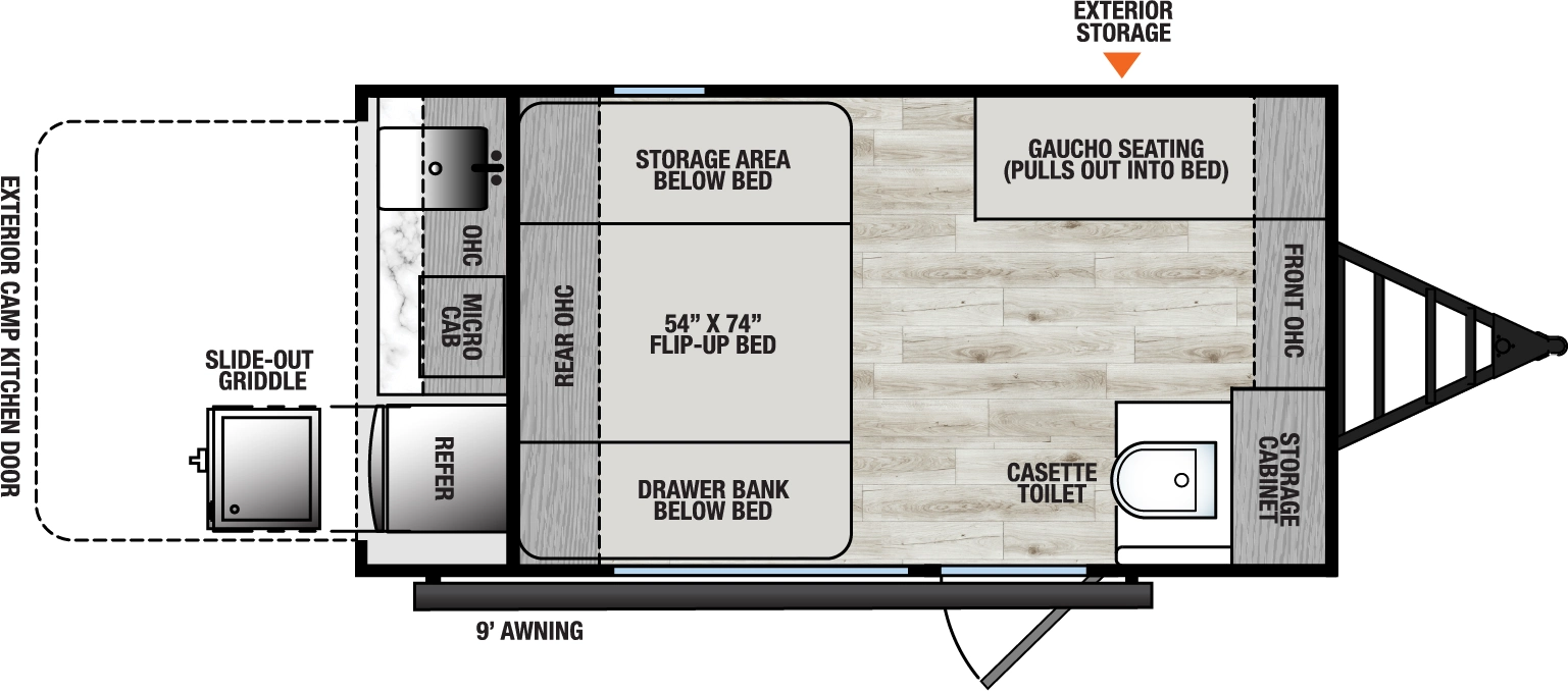 The Viking 9000 Series & 12000 Series 12000ROK floorplan has one entry and zero slide outs. Exterior features include: metal exterior, 9' awning and outside kitchen. 